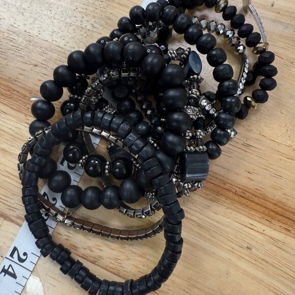 Black Beaded & Rhinestone Bracelet Stack Set Of 10 Stretchable For Wear Or Craft - Picture 8 of 10